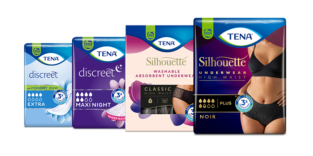 Några av TENAs produkter för kvinnor: TENA Discreet Extra, TENA Discreet Maxi Night, TENA Silhouette Classic Washable Absorbent Underwear och TENA Silhouette Noir High Waist Några av TENAs produkter för kvinnor: TENA Discreet Extra, TENA Discreet Maxi Night, TENA Silhouette Classic Washable Absorbent Underwear och TENA Silhouette Noir High Waist